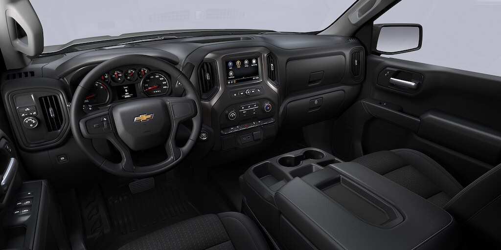 Acabado interior en tela color negro de tu Chevrolet Silverado Turbo 2025, camioneta de trabajo